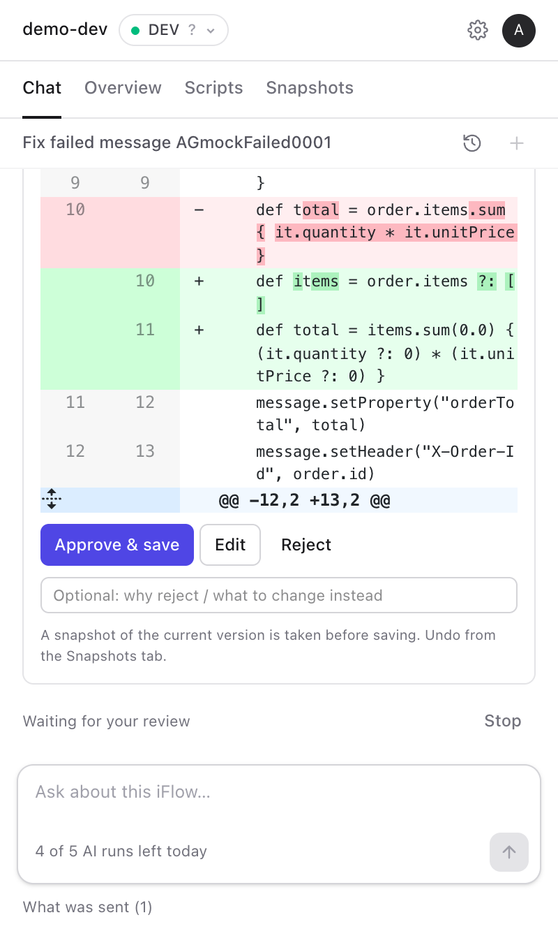 iGlow proposing a change to validateOrder.groovy as a diff, with Approve, Edit and Reject buttons