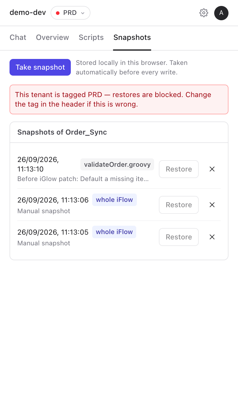 iGlow snapshots tab on a tenant tagged PRD, with restores blocked