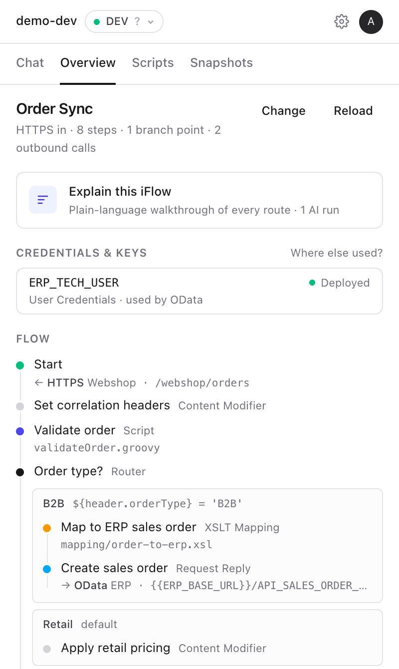 iGlow summary of an iFlow: ordered steps, exception subprocess and adapters